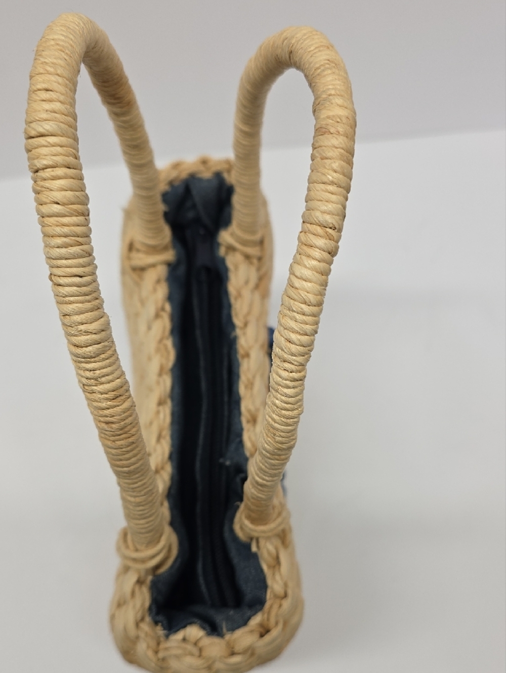 Woven Straw Bag with Blue Floral Accent-*Flaw Inside Side Pkt Zipper/fabric - Picture 6 of 9
